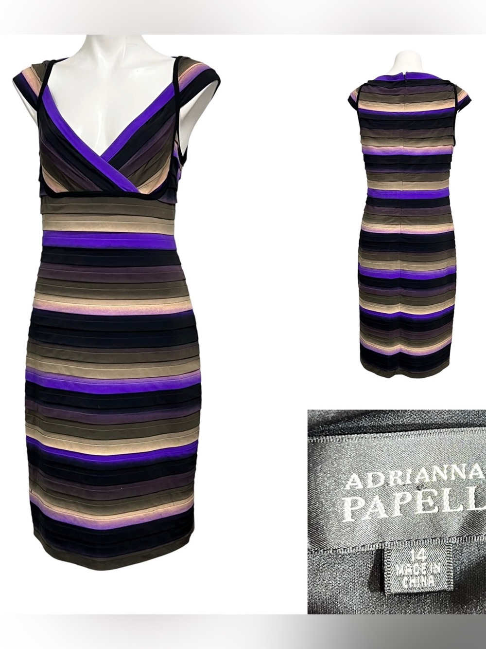 Adrianna Papell dress sz 14 black multicolor Striped V-Neck stretch knee length